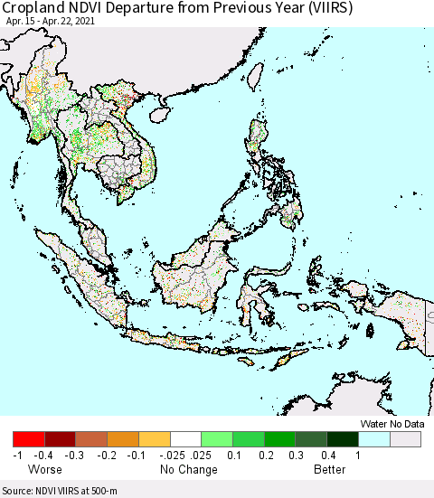 South East Asia Cropland NDVI Departure from Previous Year (VIIRS) Thematic Map For 4/15/2021 - 4/22/2021
