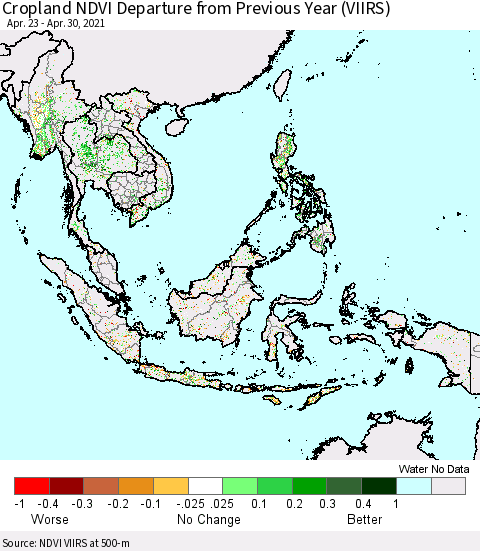 South East Asia Cropland NDVI Departure from Previous Year (VIIRS) Thematic Map For 4/23/2021 - 4/30/2021