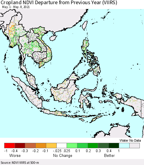 South East Asia Cropland NDVI Departure from Previous Year (VIIRS) Thematic Map For 5/1/2021 - 5/8/2021