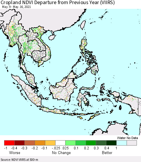 South East Asia Cropland NDVI Departure from Previous Year (VIIRS) Thematic Map For 5/9/2021 - 5/16/2021