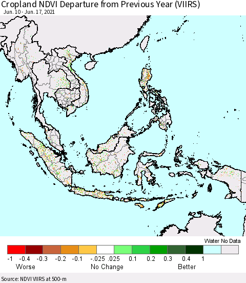 South East Asia Cropland NDVI Departure from Previous Year (VIIRS) Thematic Map For 6/10/2021 - 6/17/2021