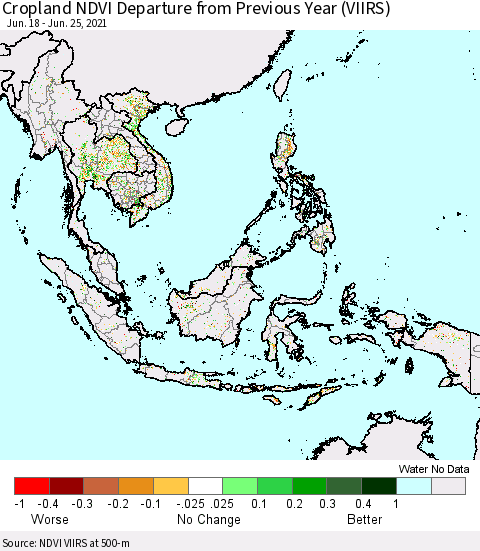 South East Asia Cropland NDVI Departure from Previous Year (VIIRS) Thematic Map For 6/18/2021 - 6/25/2021