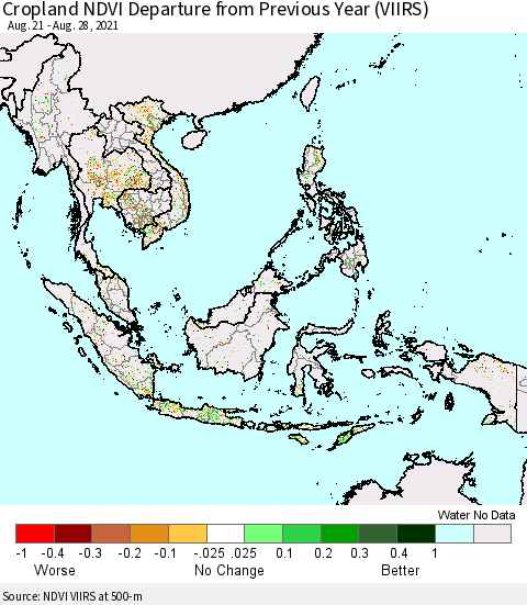 South East Asia Cropland NDVI Departure from Previous Year (VIIRS) Thematic Map For 8/21/2021 - 8/28/2021