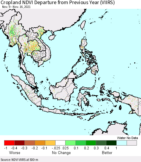 South East Asia Cropland NDVI Departure from Previous Year (VIIRS) Thematic Map For 11/9/2021 - 11/16/2021