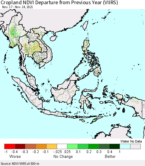 South East Asia Cropland NDVI Departure from Previous Year (VIIRS) Thematic Map For 11/17/2021 - 11/24/2021