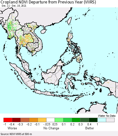 South East Asia Cropland NDVI Departure from Previous Year (VIIRS) Thematic Map For 12/11/2021 - 12/18/2021