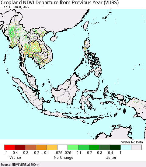 South East Asia Cropland NDVI Departure from Previous Year (VIIRS) Thematic Map For 1/1/2022 - 1/8/2022