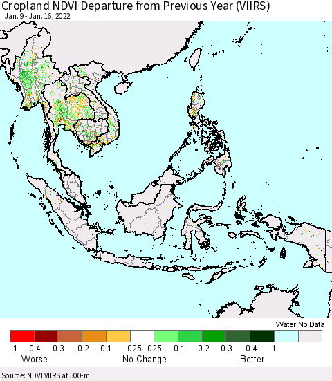 South East Asia Cropland NDVI Departure from Previous Year (VIIRS) Thematic Map For 1/9/2022 - 1/16/2022