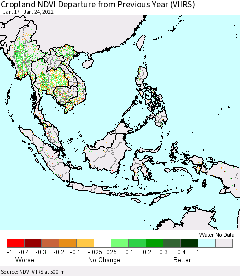 South East Asia Cropland NDVI Departure from Previous Year (VIIRS) Thematic Map For 1/17/2022 - 1/24/2022