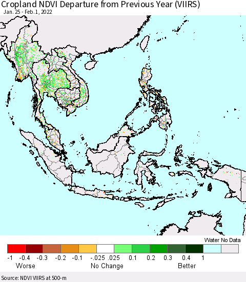 South East Asia Cropland NDVI Departure from Previous Year (VIIRS) Thematic Map For 1/25/2022 - 2/1/2022