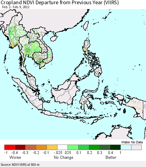 South East Asia Cropland NDVI Departure from Previous Year (VIIRS) Thematic Map For 2/2/2022 - 2/9/2022
