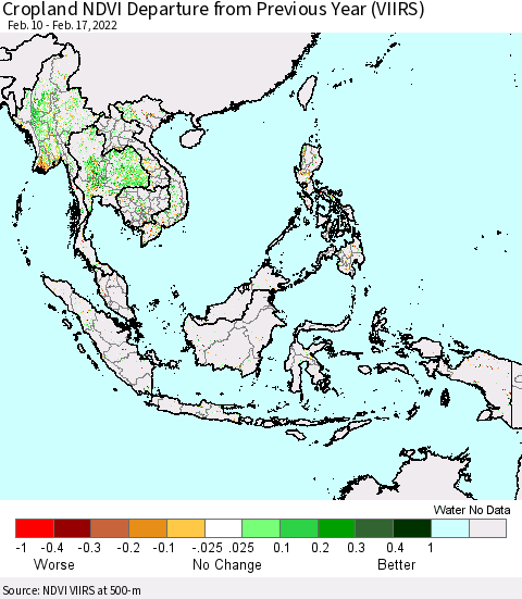 South East Asia Cropland NDVI Departure from Previous Year (VIIRS) Thematic Map For 2/10/2022 - 2/17/2022