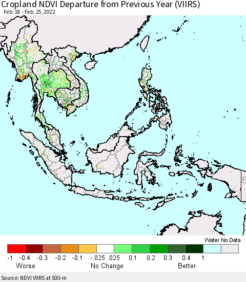South East Asia Cropland NDVI Departure from Previous Year (VIIRS) Thematic Map For 2/18/2022 - 2/25/2022