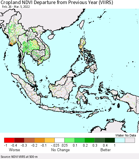 South East Asia Cropland NDVI Departure from Previous Year (VIIRS) Thematic Map For 2/26/2022 - 3/5/2022