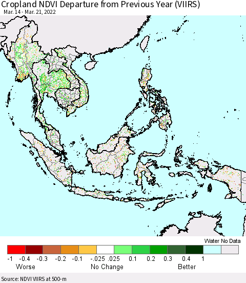 South East Asia Cropland NDVI Departure from Previous Year (VIIRS) Thematic Map For 3/14/2022 - 3/21/2022