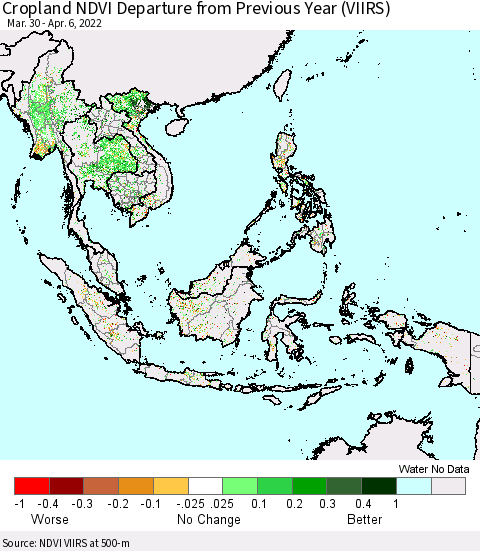 South East Asia Cropland NDVI Departure from Previous Year (VIIRS) Thematic Map For 3/30/2022 - 4/6/2022