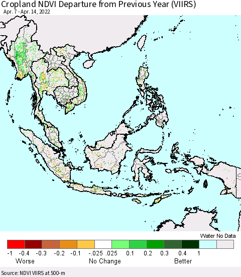 South East Asia Cropland NDVI Departure from Previous Year (VIIRS) Thematic Map For 4/7/2022 - 4/14/2022