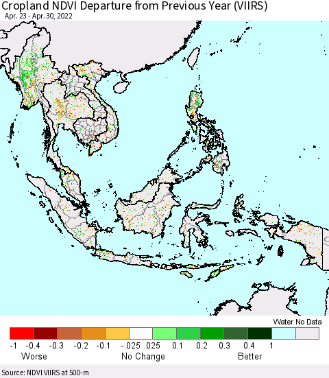 South East Asia Cropland NDVI Departure from Previous Year (VIIRS) Thematic Map For 4/23/2022 - 4/30/2022