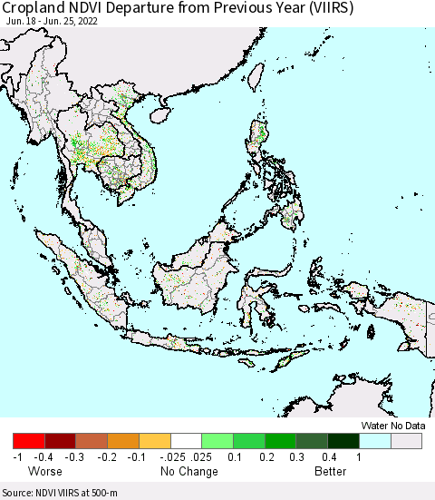 South East Asia Cropland NDVI Departure from Previous Year (VIIRS) Thematic Map For 6/18/2022 - 6/25/2022