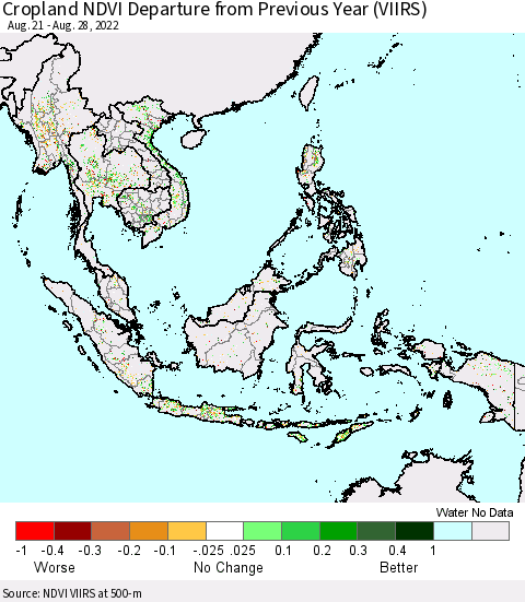 South East Asia Cropland NDVI Departure from Previous Year (VIIRS) Thematic Map For 8/21/2022 - 8/28/2022