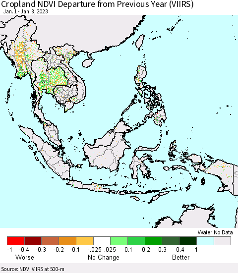 South East Asia Cropland NDVI Departure from Previous Year (VIIRS) Thematic Map For 1/1/2023 - 1/8/2023