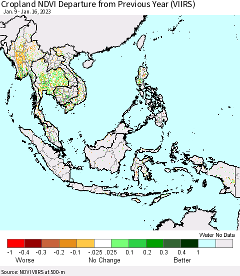 South East Asia Cropland NDVI Departure from Previous Year (VIIRS) Thematic Map For 1/9/2023 - 1/16/2023