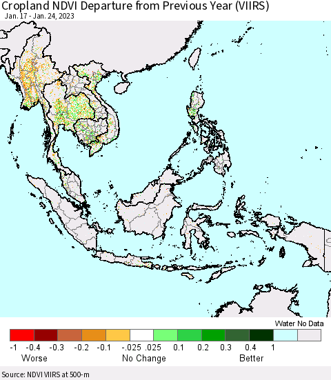 South East Asia Cropland NDVI Departure from Previous Year (VIIRS) Thematic Map For 1/17/2023 - 1/24/2023