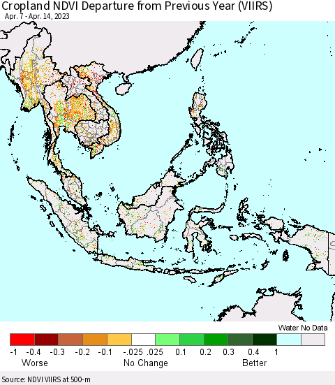 South East Asia Cropland NDVI Departure from Previous Year (VIIRS) Thematic Map For 4/7/2023 - 4/14/2023