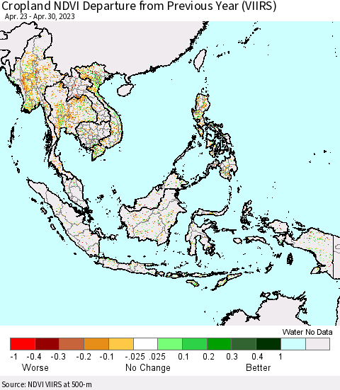 South East Asia Cropland NDVI Departure from Previous Year (VIIRS) Thematic Map For 4/23/2023 - 4/30/2023