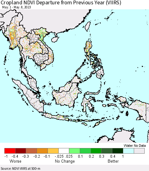 South East Asia Cropland NDVI Departure from Previous Year (VIIRS) Thematic Map For 5/1/2023 - 5/8/2023
