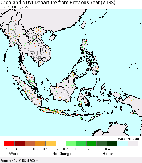 South East Asia Cropland NDVI Departure from Previous Year (VIIRS) Thematic Map For 7/4/2023 - 7/11/2023