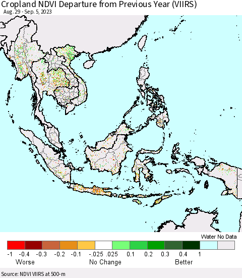 South East Asia Cropland NDVI Departure from Previous Year (VIIRS) Thematic Map For 8/29/2023 - 9/5/2023