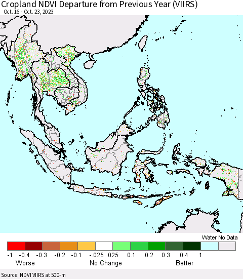 South East Asia Cropland NDVI Departure from Previous Year (VIIRS) Thematic Map For 10/16/2023 - 10/23/2023