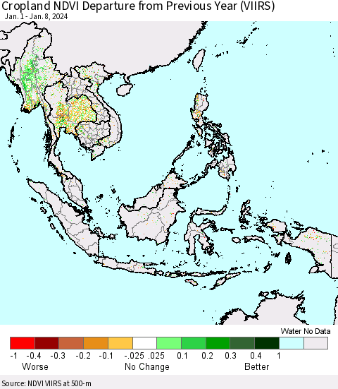 South East Asia Cropland NDVI Departure from Previous Year (VIIRS) Thematic Map For 1/1/2024 - 1/8/2024