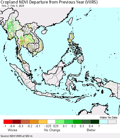 South East Asia Cropland NDVI Departure from Previous Year (VIIRS) Thematic Map For 2/2/2024 - 2/9/2024