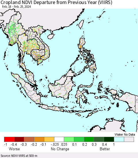 South East Asia Cropland NDVI Departure from Previous Year (VIIRS) Thematic Map For 2/18/2024 - 2/25/2024