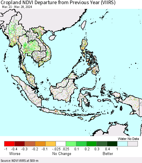 South East Asia Cropland NDVI Departure from Previous Year (VIIRS) Thematic Map For 3/21/2024 - 3/28/2024