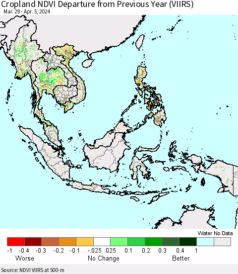 South East Asia Cropland NDVI Departure from Previous Year (VIIRS) Thematic Map For 3/29/2024 - 4/5/2024