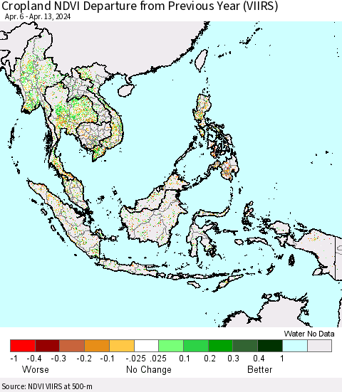 South East Asia Cropland NDVI Departure from Previous Year (VIIRS) Thematic Map For 4/6/2024 - 4/13/2024