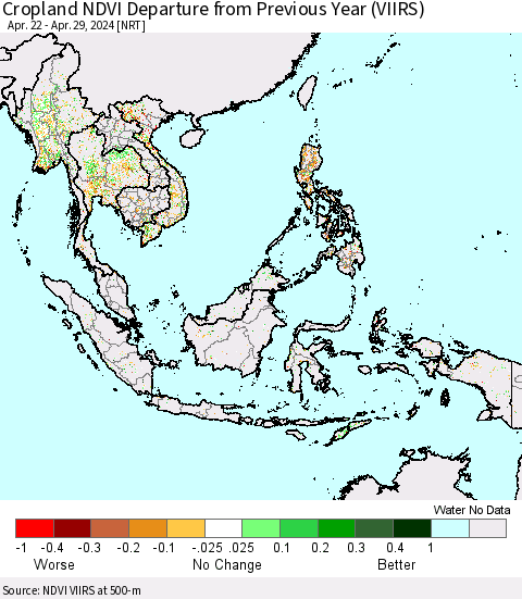South East Asia Cropland NDVI Departure from Previous Year (VIIRS) Thematic Map For 4/22/2024 - 4/29/2024