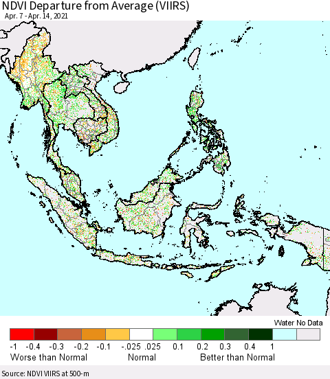 South East Asia NDVI Departure from Average (VIIRS) Thematic Map For 4/7/2021 - 4/14/2021