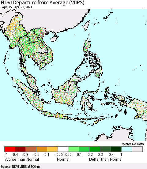 South East Asia NDVI Departure from Average (VIIRS) Thematic Map For 4/15/2021 - 4/22/2021
