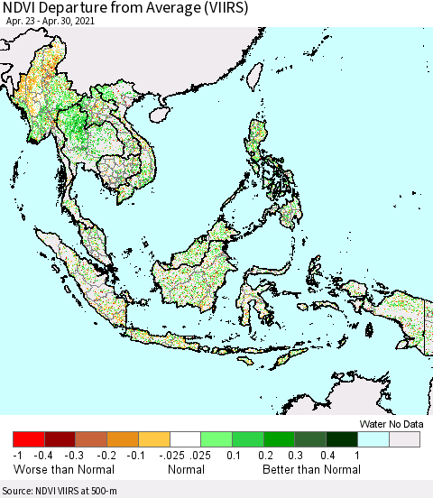 South East Asia NDVI Departure from Average (VIIRS) Thematic Map For 4/23/2021 - 4/30/2021