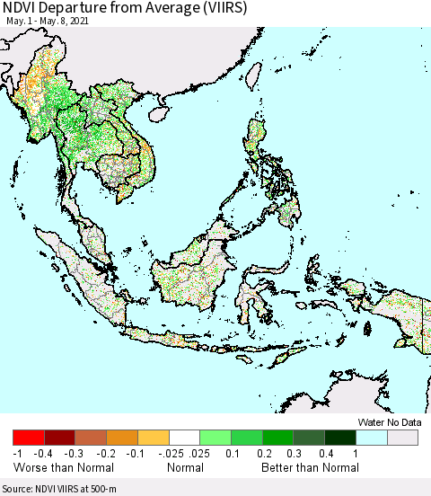 South East Asia NDVI Departure from Average (VIIRS) Thematic Map For 5/1/2021 - 5/8/2021