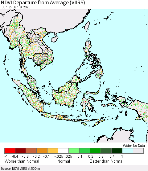 South East Asia NDVI Departure from Average (VIIRS) Thematic Map For 6/2/2021 - 6/9/2021