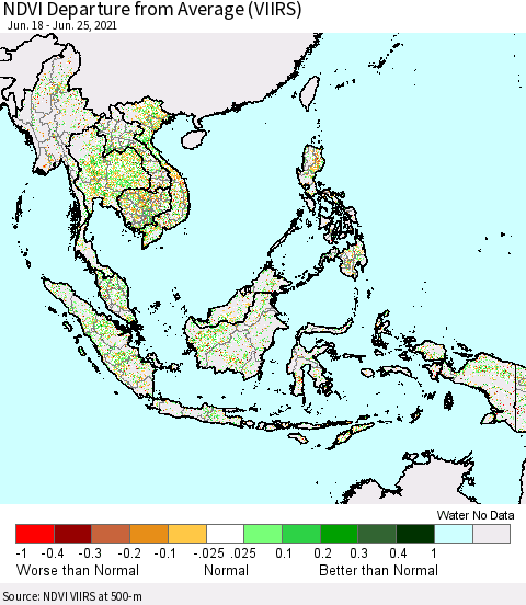 South East Asia NDVI Departure from Average (VIIRS) Thematic Map For 6/18/2021 - 6/25/2021