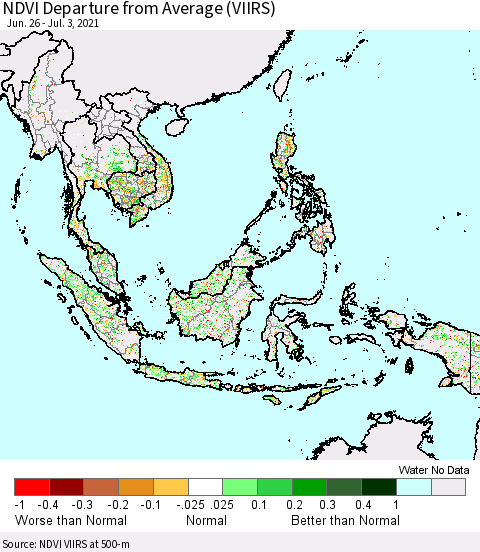 South East Asia NDVI Departure from Average (VIIRS) Thematic Map For 6/26/2021 - 7/3/2021