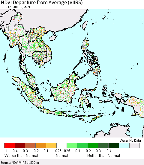 South East Asia NDVI Departure from Average (VIIRS) Thematic Map For 7/12/2021 - 7/19/2021