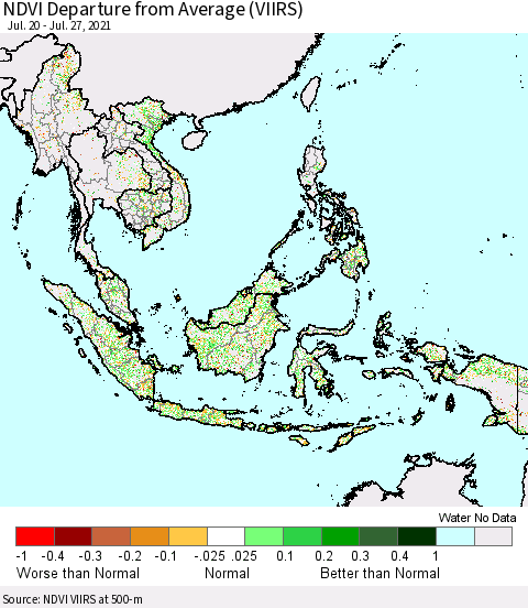 South East Asia NDVI Departure from Average (VIIRS) Thematic Map For 7/20/2021 - 7/27/2021