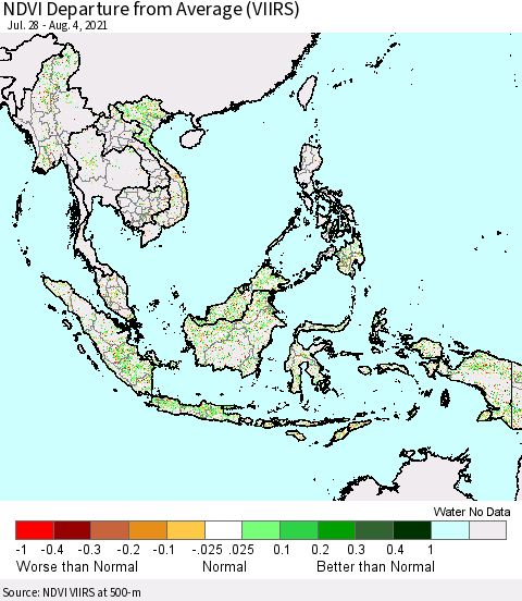 South East Asia NDVI Departure from Average (VIIRS) Thematic Map For 7/28/2021 - 8/4/2021
